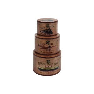 Decmode Set of Three - 9, 11, and 12 Inch Modern Wooden Hat Boxes With Vintage Graphics, Brown   566924243